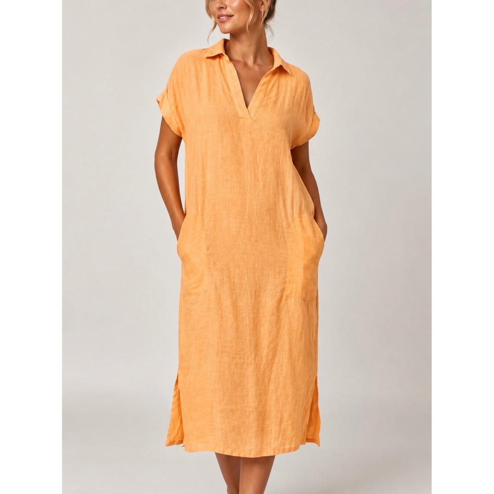 Tahari sz L Linen Collared Orange Pullover Maxi Dress With Pockets Beach Casual